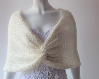 Handmade Mohair Bridal Shawl: Knit Wedding Cape, Ivory Wrap