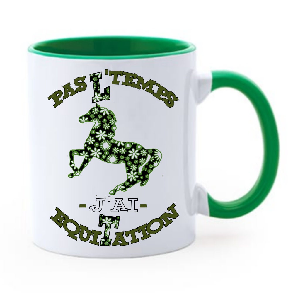 Mug Humour Équitation Pas L'temps J'ai Equitation | Chope Mug Bicolor Design Cheval en Fleurs + - 11