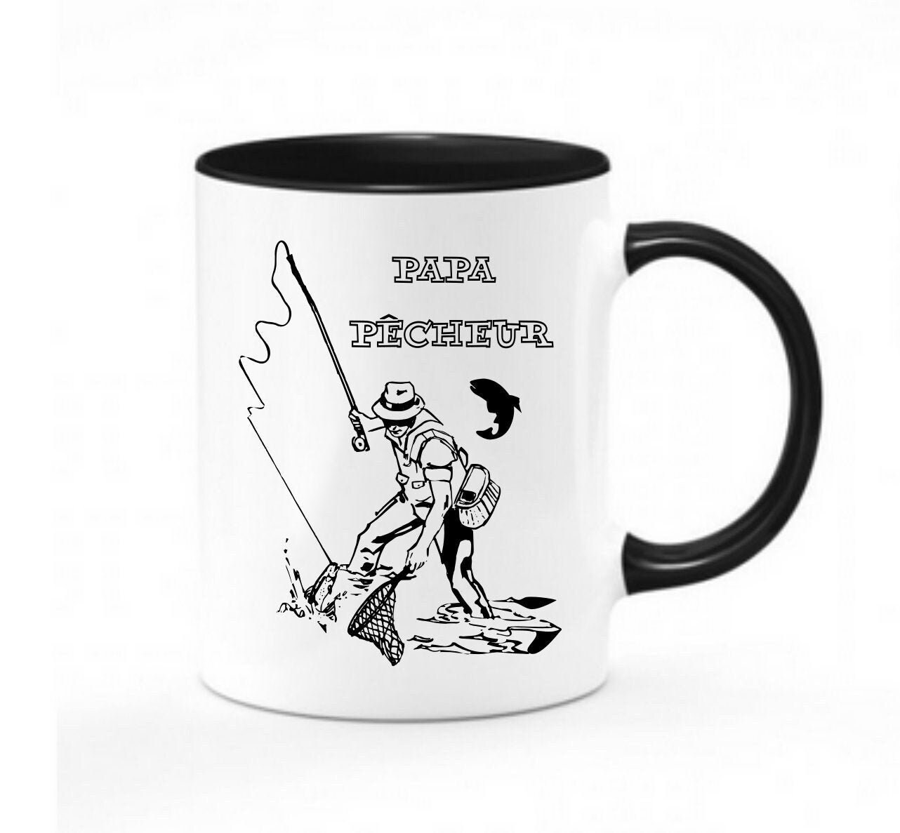 Mug Du Pêcheur Papa Pecheur A La Mouche | Chope Mug Bicolor Thème Pêche - Noir Vert Orange- Bleu Ros