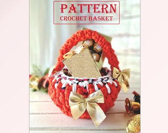 CROCHET PATTERN basket - pdf digital download. Pattern crochet christmas basket. Crocheted basket from t-short yarn.