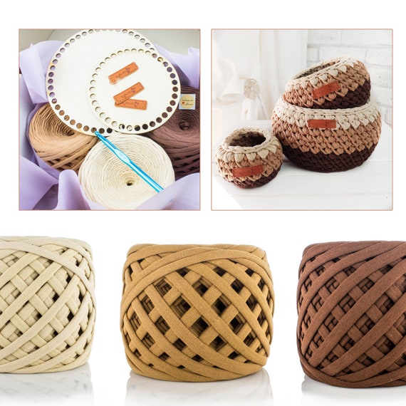 Set of Yarn and Crochet Tools for Baskets. T-shirt Yarn. Textile Yarn.  Cotton Yarn for Crocheting Baskets. Crochet Yarn Set 