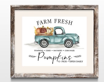 Farm Fresh Pumpkins, Pumpkin Print Fall Decor, Pumpkin Printable Wall Art, Fall Wall Art, Rustic fall Print, Fall Farmhouse, Vintage Truck