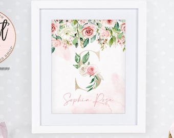 Floral Letter Nursery Print: Blush Pink Watercolor Monogram (Digital Download)