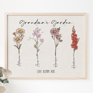 Grandma's Garden, Birth Month Flower Name Sign, Custom Grandkids Birthday Month Flower Print, Personalized Family Name, Custom Family Tree image 1