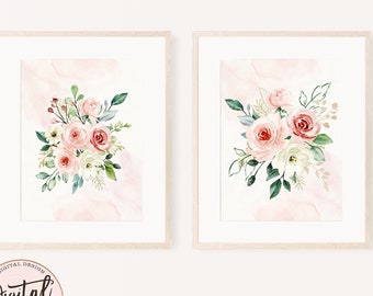 Blush Pink Floral Wall Art: Peach Roses, Boho Nursery Decor (Digital Download)