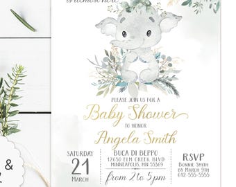 Little Peanut Elephant Baby Shower Invitation, Eucalyptus Greenery, Gender Neutral (Digital Download)