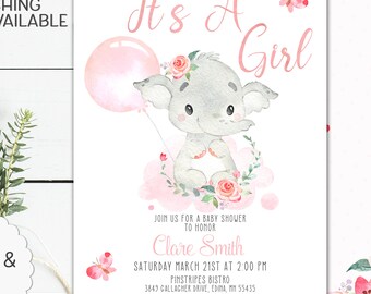 Puede incluir: Invitación a un baby shower con una ilustración en acuarela de un elefante gris sosteniendo un globo rosa. El texto "It's A Girl" está en rosa. La invitación incluye detalles del evento y detalles florales.