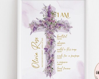 Personalized Baptism Sign: Purple Lilac Floral Cross (Digital Download)
