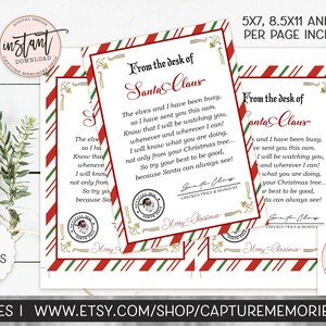 May include: Digital download of Santa Claus letters. The letters have a red and white striped border with green accents. The text reads "From the desk of Santa Claus" and includes a message from Santa. The letters are available in 5x7 and 8.5x11 sizes.