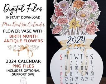 2024 Calendar, Mini Desktop Flower Vase Calendar, Birth Month Flower Calendar, Printable PNG File, Print Then, Cutting Files,  DIGITAL