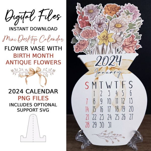 2024 Calendar, Mini Desktop Flower Vase Calendar, Birth Month Flower Calendar, Printable PNG File, Print Then, Cutting Files,  DIGITAL