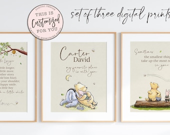 Vintage Winnie the Pooh Nursery Wall Art Set of 3 • Personalized Name Print • Baby Boy Nursery Room Decor • Digital Download Prints