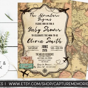 Reizen babyshower uitnodiging, avontuur wacht op babyshower uitnodiging, reislust bagage, avontuur begint uitnodiging, vintage reisthema