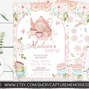 Tea Party Birthday Invitation, Tea Party Invite, Floral Tea Pot, High Tea Party, Tea for Two Birthday, Arch, Pink, Blue, Peach, Whimsical