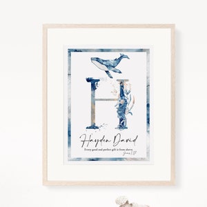 Nom personnalisé monogramme signe, chambre de bébé verset de la Bible, art mural imprimable, baleine marin, art mural chambre de bébé, baleine aquarelle bleue