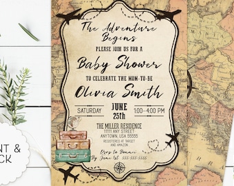 Travel Baby Shower Invitation, Adventure Awaits Baby Shower Invite, Wanderlust Luggage, Adventure Begins Invitation, Vintage Travel Theme