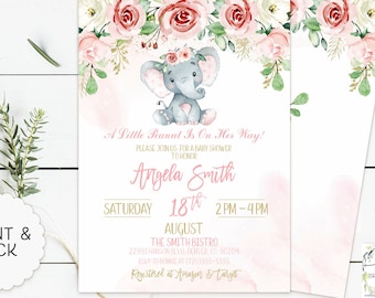 Puede incluir: Una invitación de baby shower rosa y blanca con una ilustración de acuarela de un elefante gris con una corona floral rosa. El texto dice "A Little Peanut Is On Her Way!" e incluye el nombre "Angela Smith", la fecha "Sábado 18 de agosto", la hora "2PM-4PM" y la ubicación "The Smith Bistro".