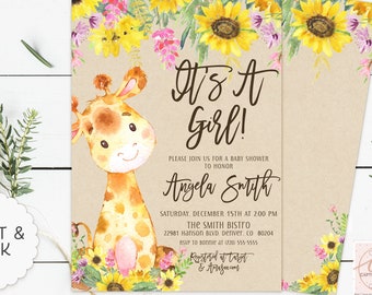 Pink Giraffe Baby Shower Invitation, Baby Girl Shower Invitation, Watercolor Giraffe, Pink Giraffe Invite, Printable Baby Shower Invites