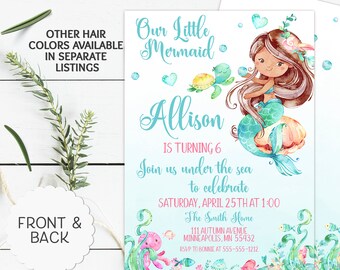 Personalized Mermaid Birthday Invitation, Little Mermaid Birthday Party Invite, Under the Sea Invitation, Mermaid Birthday Party, Printable