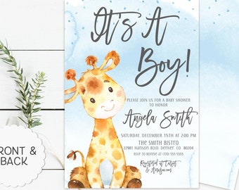 Baby Shower Invitation Boy, Baby Boy Shower Invitation, Watercolor Giraffe, Watercolor, Blue Safari Invite, Printable Baby Shower Invites