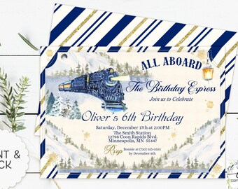Winter Train Birthday Invitation, Personalized Christmas Invite (Digital File)