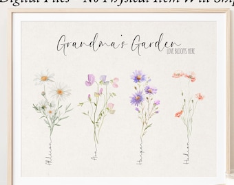 Birth Flower Name Sign: Grandma's Garden Watercolor Print (Digital Download)