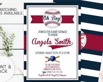 Baseball Baby Shower Invitation, Sports Baby Shower Baseball Invitation, Boy Baby Shower Invitation, Navy Red, Ball Baby Shower Digital File