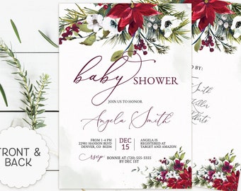 May include: A baby shower invitation card featuring a watercolor floral border of red poinsettias, white flowers, and pine needles. The text reads baby shower, Angela Smith, Dec 15, and includes event details, registry information, and RSVP contact.