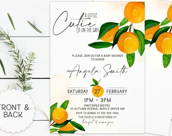 May include: A white baby shower invitation with a watercolor illustration of orange citrus fruit and green leaves. The text reads "A Little Cutie (Is On The Way!)" and includes the name "Angela Smith", the date "Saturday, 27 February", the time "1 PM - 3 PM", the location "Pinstripes Bistro, 111 Autumn Avenue, Maple Grove MN", and the RSVP information "RSVP to Bonnie at 555-555-5555". The couple is registered at Target.