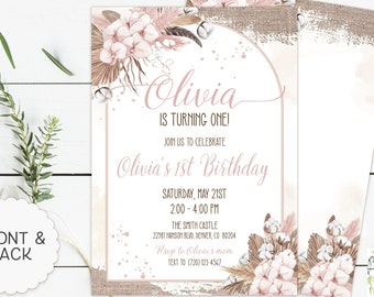 Pampas Grass Birthday Invitation, Boho 1st Birthday, Girl Fist Birthday, Muted Earthy Tone, Bohemian Invitation, Boho Pampas Grass, Digital