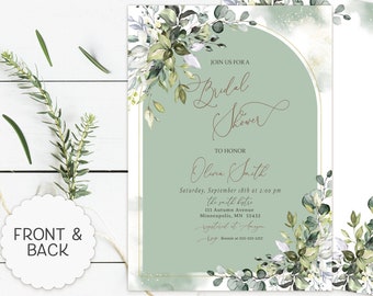 Sage Green Eucalyptus Bridal Shower Invitation, Boho Greenery, Arched Bridal Shower, Bohemian Greenery Bridal Invites, Elegant Bridal Invite