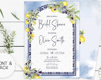 Mediterranean Lemon And Olives Bridal Shower Invitation, Italian Blue Tiles Bridal Shower Arched Invite, Main Squeeze Bridal Shower, Lemons