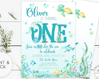 Under the Sea First Birthday Invitation, Oneder the Sea Invitation, Beach, Blue and Teal, Ocean Theme Under the Sea Party, Sea Creatures