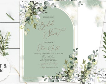 Sage Green Eucalyptus Bridal Shower Invitation, Boho Greenery, Arched Bridal Shower, Bohemian Greenery Bridal Invites, Sage Greenery Invite