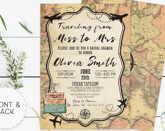 Traveling Miss to Mrs Bridal Shower Invitation, Travel Couple Shower, Adventure Begins Invitation, Travel World Map, Vintage Travel Theme
