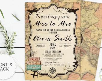 Vintage Travel Bridal Shower Invitation: World Map Adventure (Digital File)