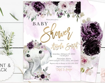May include: Purple and white floral baby shower invitation with a watercolor illustration of an elephant wearing a flower crown. The invitation includes the text "Please join us for a Baby Shower to honor Angela Smith" and the date and time of the event.