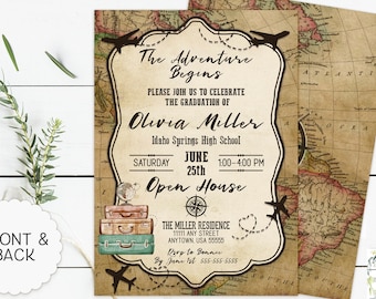 Vintage World Map Graduation Invitation: Adventure Begins (Digital File)