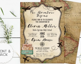 Adventure Begins Graduation Party Invitation, Vintage Travel College High School Graduation Announcement, Vintage World Map, Luggage Invite