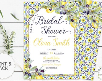 Lemon And Olives Bridal Shower Invitation, Mediterranean Italian Blue Tiles Bridal Shower Arched Invite, Main Squeeze Bridal Shower, Lemons