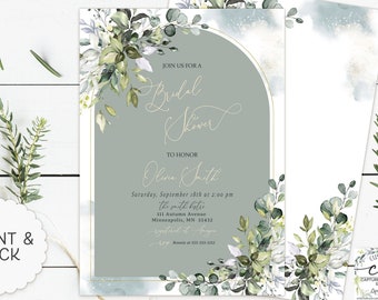 Eucalyptus Bridal Shower Invitation, Sea Glass and Sage Theme Arched Bridal Shower, Bohemian Greenery Bridal Invites Invites, Green Blue