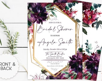 Burgundy Floral Bridal Shower Invitation: Gold Geometric Design (Digital File)