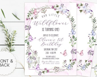 Wildflower First Birthday Invitation, Wildflower Arch Invite, Butterfly Floral 1st Birthday Invitation, Girl Birthday Invite, Floral Invite