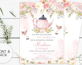 Tea Party Invitation, Pink Watercolor Tea Pot, Blush Pink Birthday Invitation, Pink Peonies, Girl Tea Party Invite, Tea for Two Invite, Pink