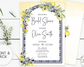 Mediterranean Lemon And Olives Bridal Shower Invitation, Italian Blue Tiles Bridal Shower Arched Invite, Main Squeeze Bridal Shower, Lemons