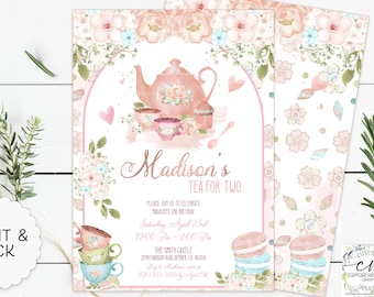 Tea Party Birthday Invitation, Tea Party Invite, Floral Tea Pot, High Tea Party, Tea for Two Birthday, Arch, Pink, Blue, Peach, Whimsical