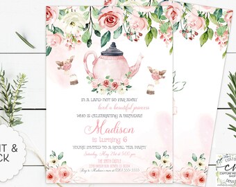 Peach and Pink Roses Tea Party Birthday Invitation, Pink, Peach Floral Birthday Pink Watercolor Tea Pot, Girl Birthday Invite, Tea For Two