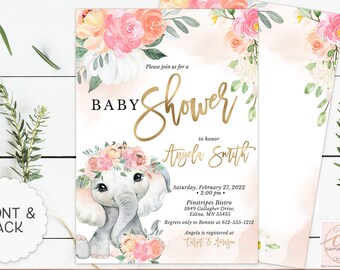 May include: A baby shower invitation with a watercolor illustration of a cute elephant wearing a floral crown. The invitation is pink and gold with the text "Baby Shower" and "Angela Smith". The date and time of the shower are listed, along with the location and RSVP information.