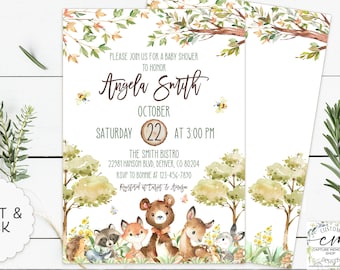 Woodland Baby Shower Invitation, Fall Greenery Woodland Animals Baby Shower Invitation, Forest Baby Shower Invite, Gender Neutral, Digital