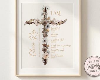 Personalized Baptism Keepsake • Floral Cross Wall Art • Custom Name & Date • Christian Nursery Decor • I Am Affirmations Scripture Digital